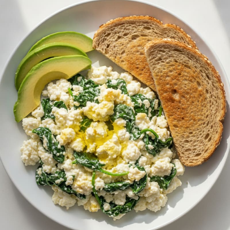 Cottage Cheese and Egg White Scramble with Sautéed Spinach
