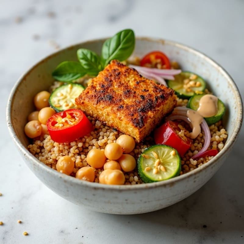 Crispy Tofu and Roasted Vegetable Quinoa Bowl with Creamy Tahini