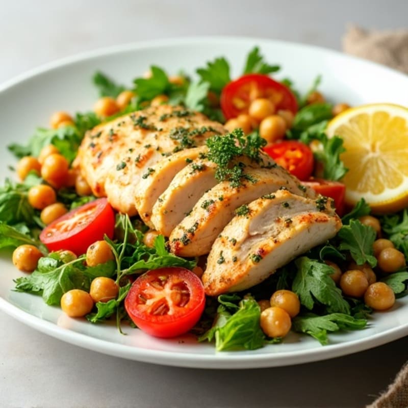 Lemon-Herb Chicken and Crispy Chickpea Salad with Fresh Vegetables