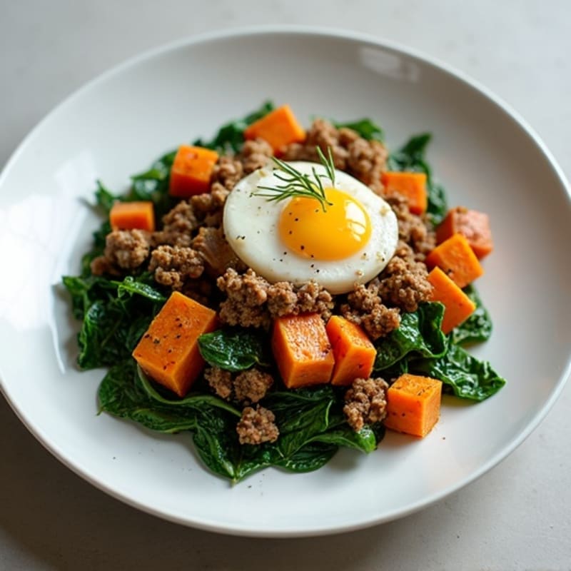 Ground Turkey and Sweet Potato Hash with Sautéed Greens