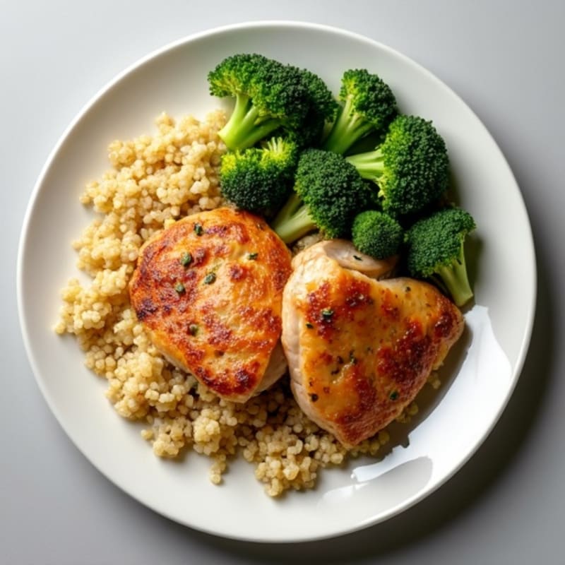 Seared Chicken Thighs with Steamed Broccoli and Garlic Quinoa