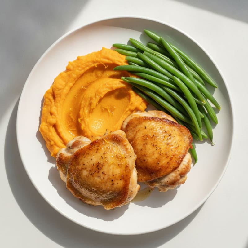 Seared Chicken Thighs with Steamed Green Beans and Sweet Potato Mash