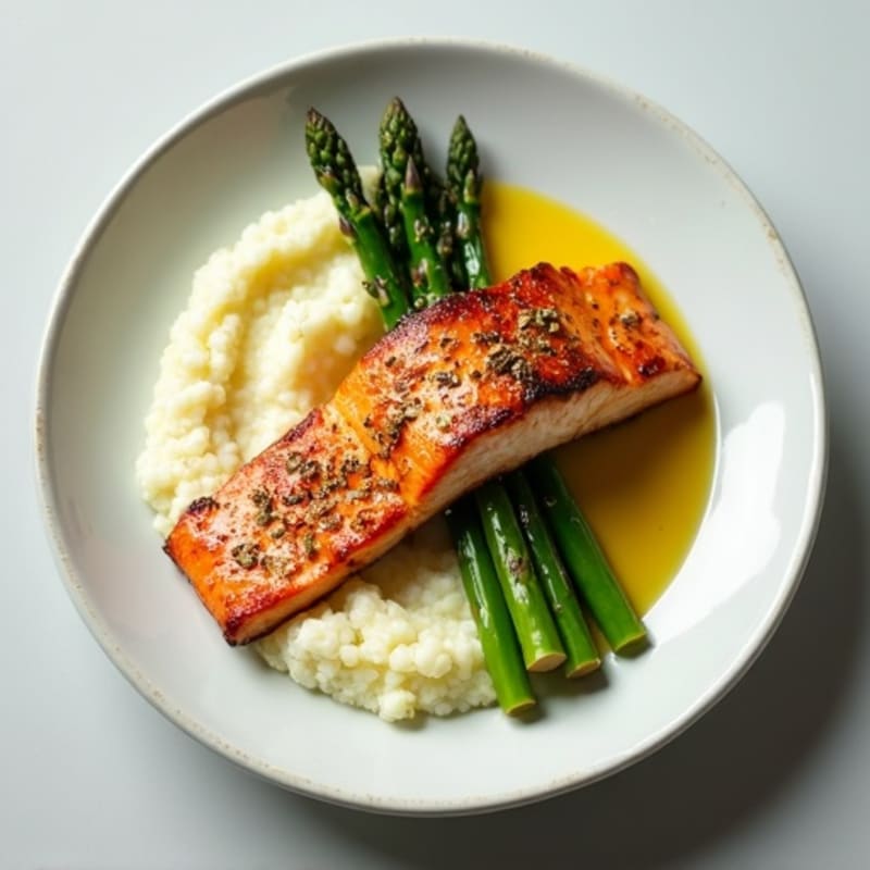 Seared Salmon with Steamed Asparagus and Cauliflower Mash