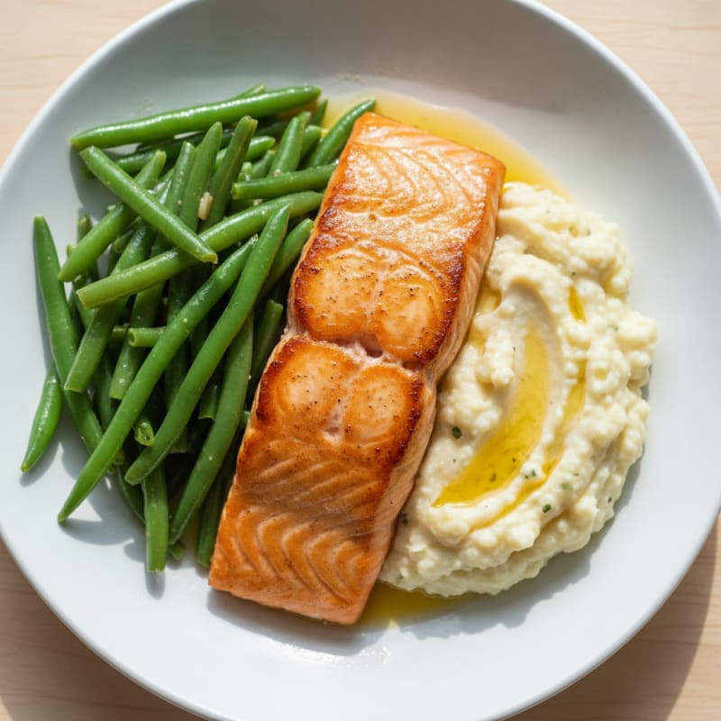 Seared Salmon with Steamed Green Beans and Garlic Mashed Cauliflower