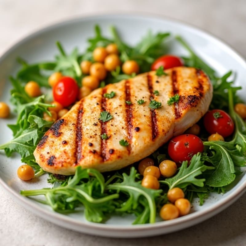 Grilled Chicken Breast with Crispy Chickpeas and Arugula Salad