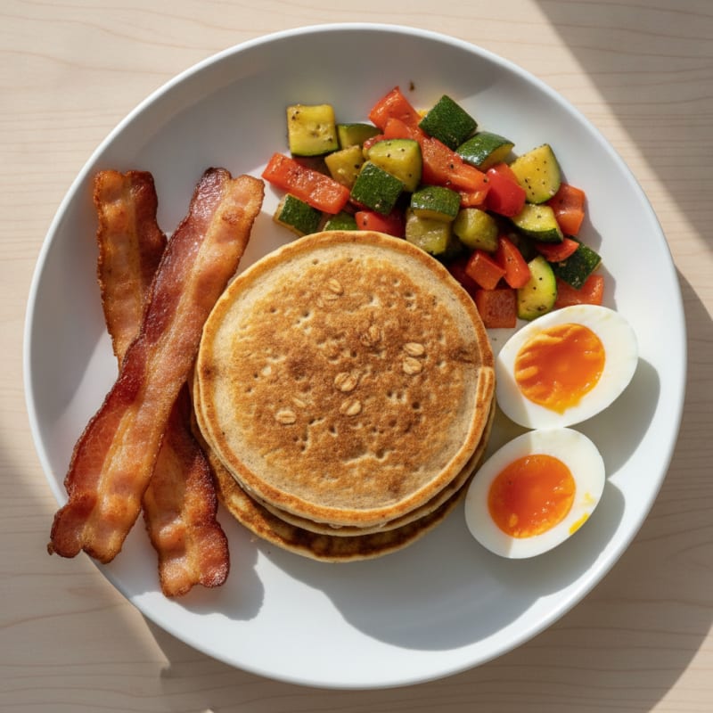 Protein Pancakes with Turkey Bacon and Boiled Eggs