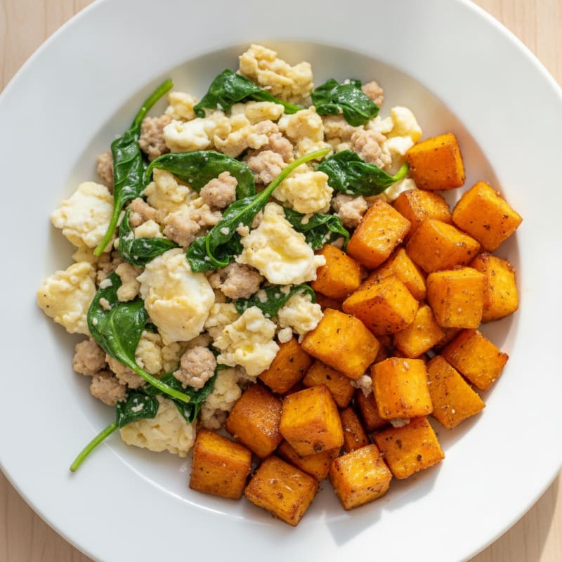 Egg White and Turkey Spinach Scramble with Roasted Sweet Potato