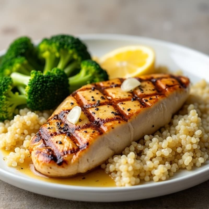 Grilled Lemon Garlic Chicken Breast with Quinoa and Steamed Broccoli