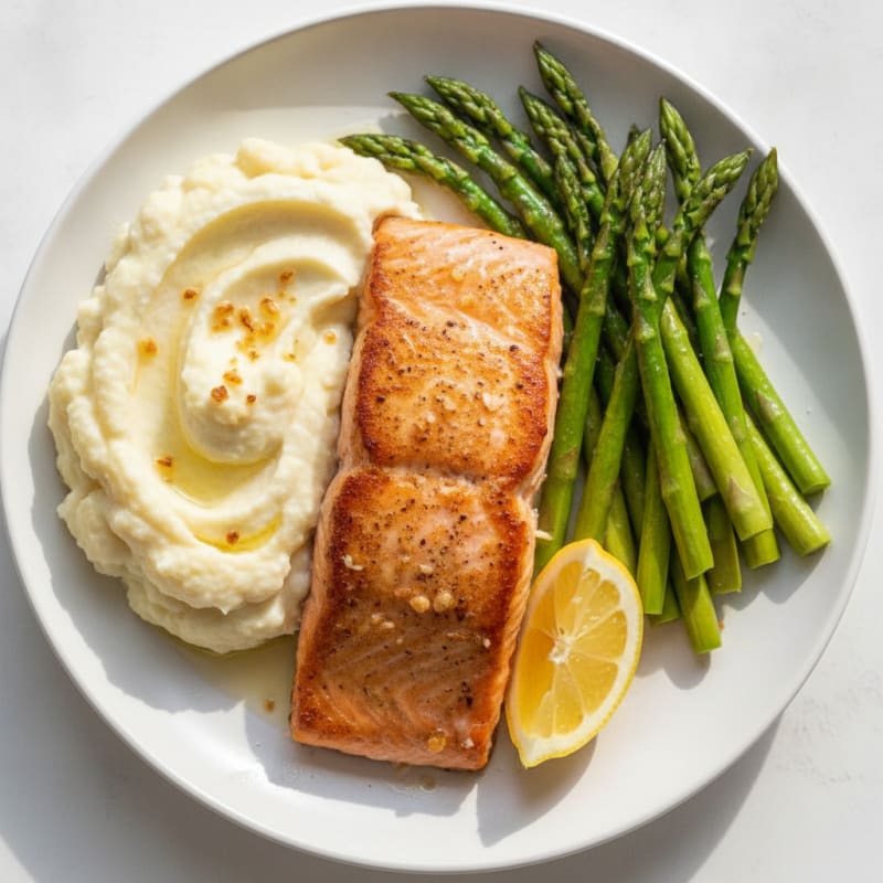Seared Salmon with Steamed Asparagus and Garlic Mashed Cauliflower