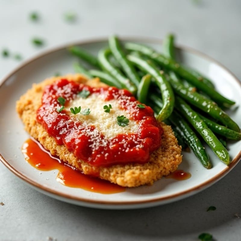 Healthy Crispy Chicken Parmesan with Roasted Green Beans