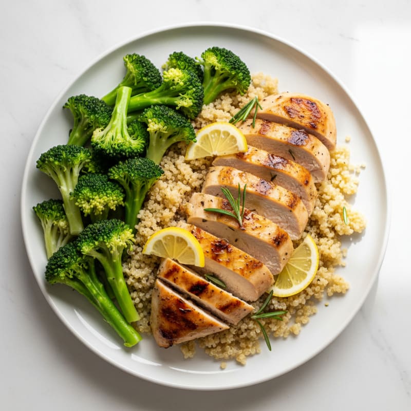 Grilled Lemon Herb Chicken Breast with Quinoa and Steamed Broccoli