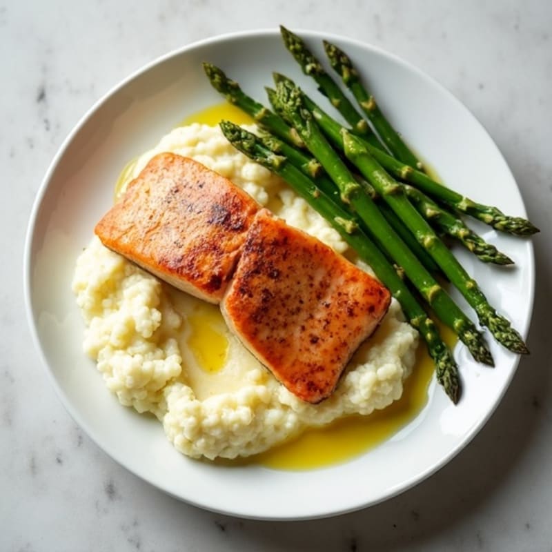 Seared Salmon with Steamed Asparagus and Cauliflower Mash