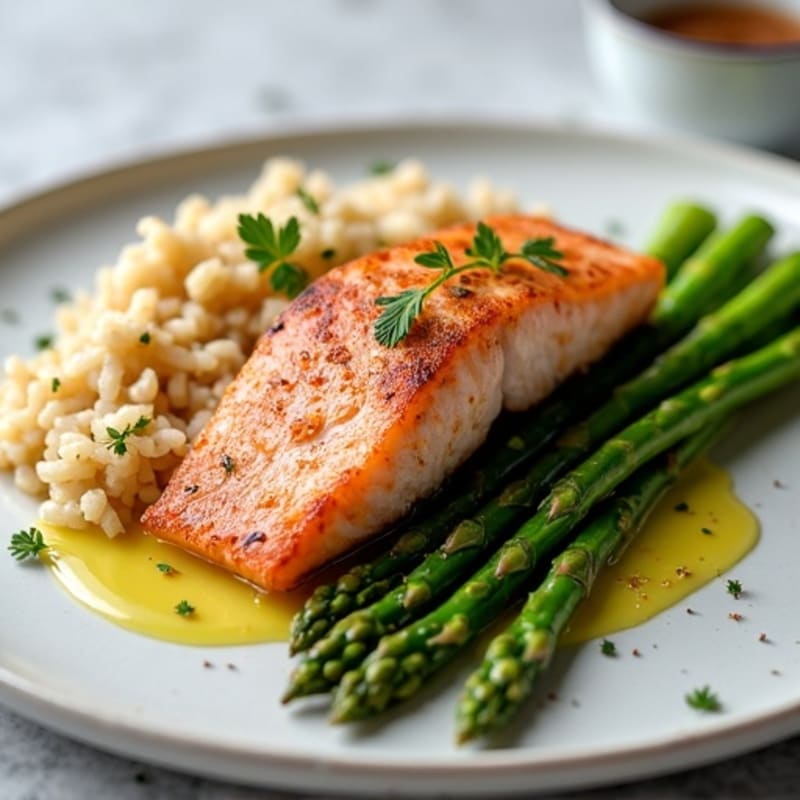 Seared Salmon with Steamed Asparagus and Brown Rice