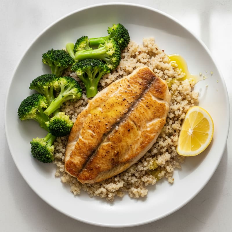 Seared Tilapia with Steamed Broccoli and Quinoa