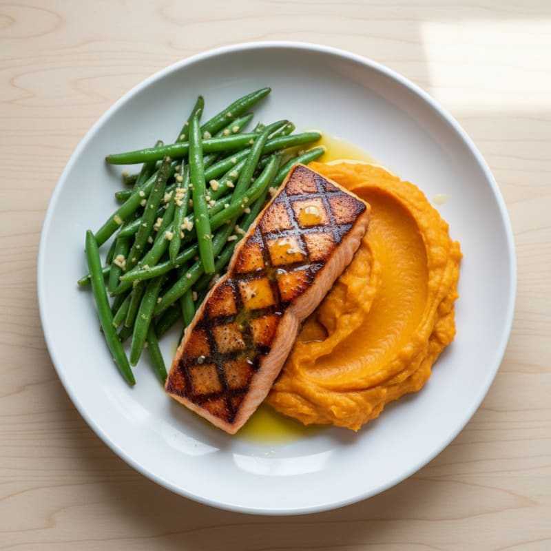 Pan-Seared Salmon with Garlic Green Beans and Sweet Potato Mash