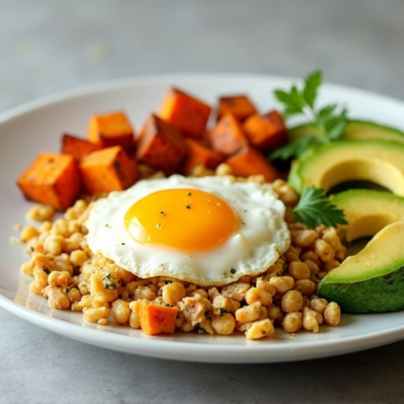 Egg and Turkey Scramble with Sautéed Sweet Potatoes and Avocado