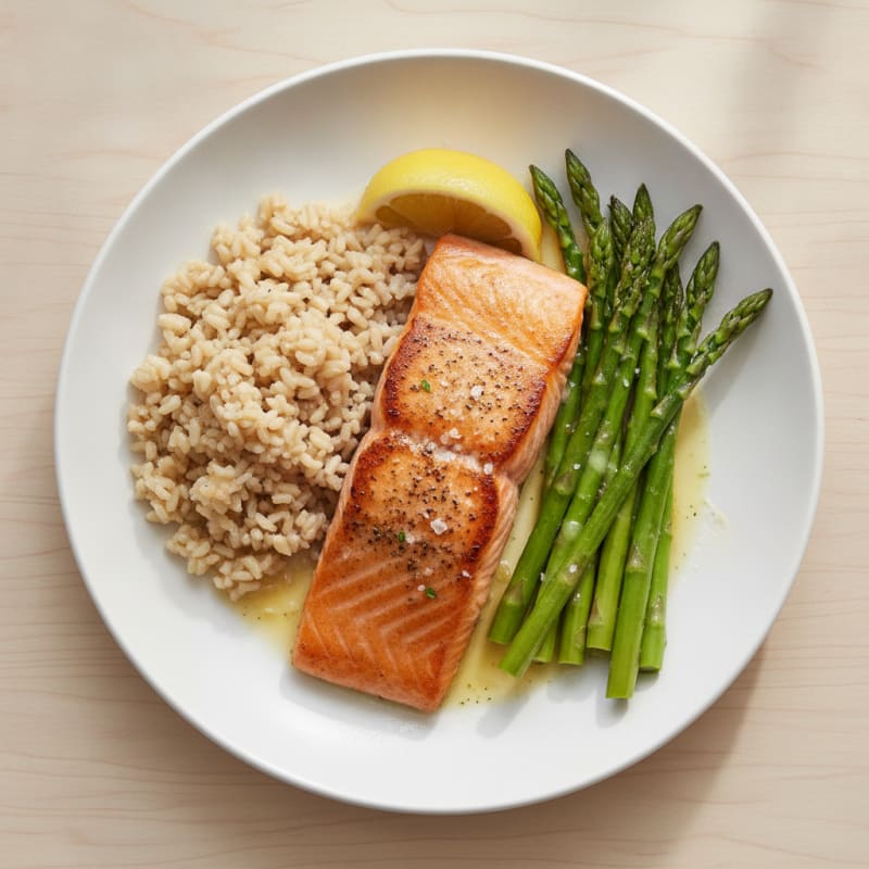 Seared Salmon with Steamed Asparagus and Brown Rice