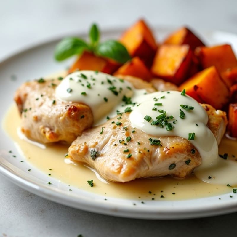 Creamy Garlic Herb Chicken with Roasted Sweet Potatoes