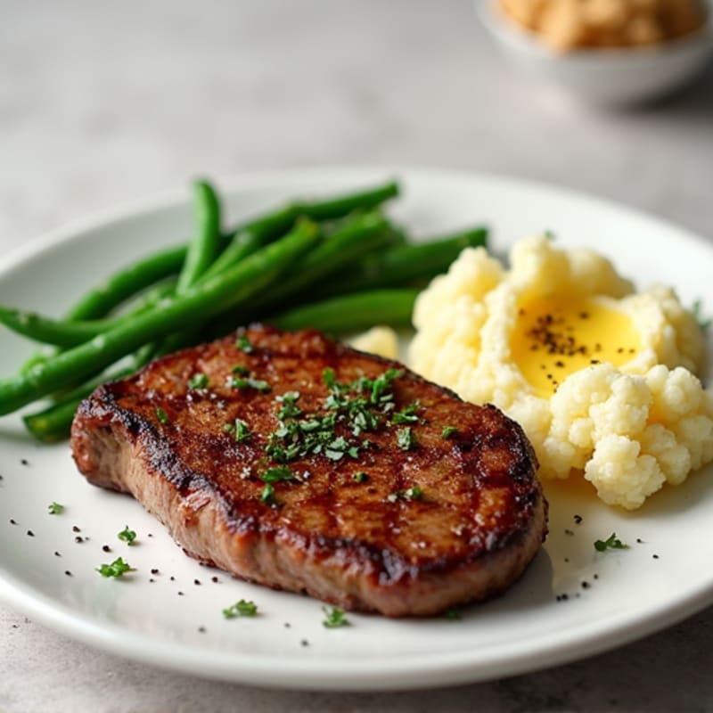 Seared Lean Beef Steak with Garlic Green Beans and Mashed Cauliflower
