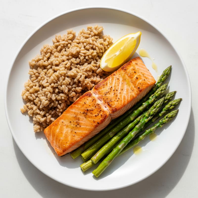 Seared Salmon Fillet with Steamed Asparagus and Brown Rice