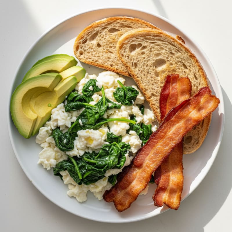 Crispy Turkey Bacon and Egg White Scramble with Sautéed Spinach