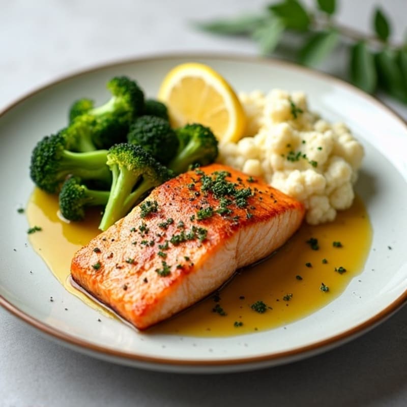 Seared Salmon with Roasted Broccoli and Garlic Mashed Cauliflower