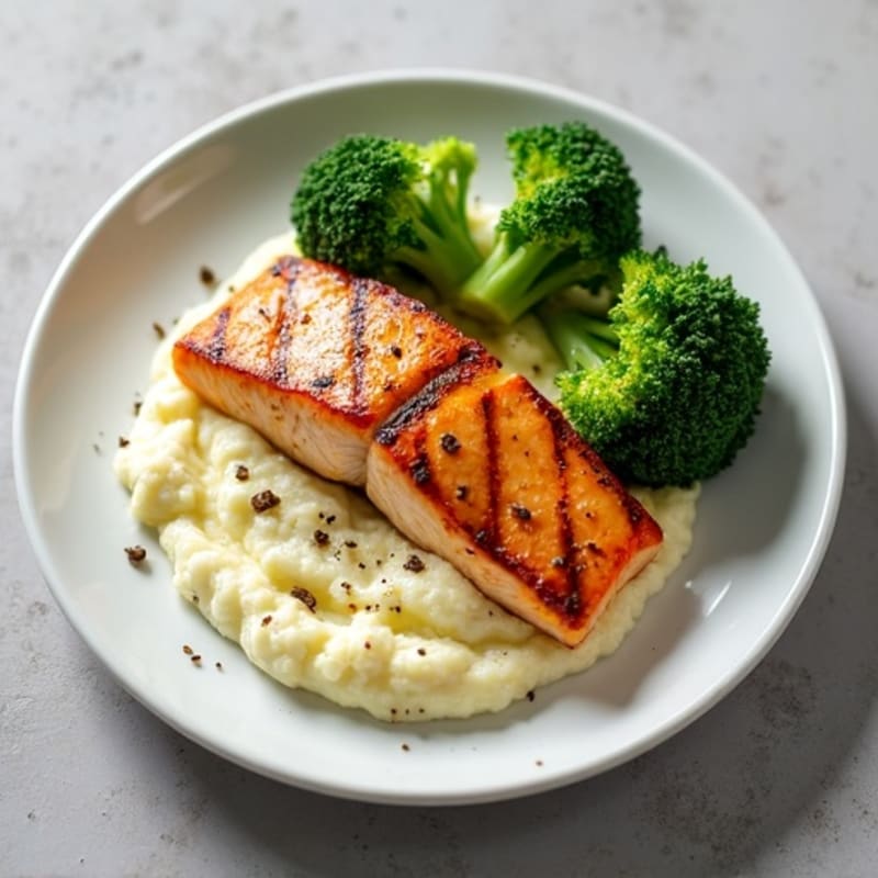 Seared Salmon with Steamed Broccoli and Garlic Cauliflower Mash