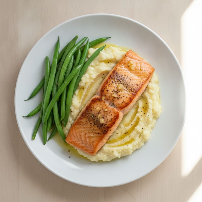 Seared Salmon Fillet with Steamed Green Beans and Garlic Mashed Cauliflower