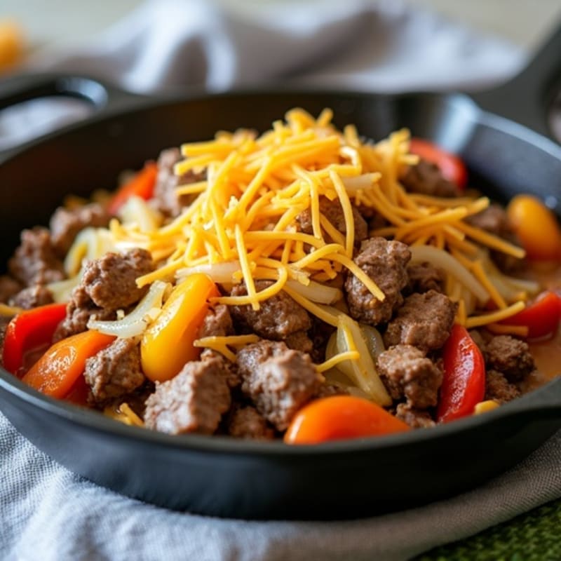 Lean Steak Skillet with Sautéed Onions, Bell Peppers, and Creamy Cheesy Sauce