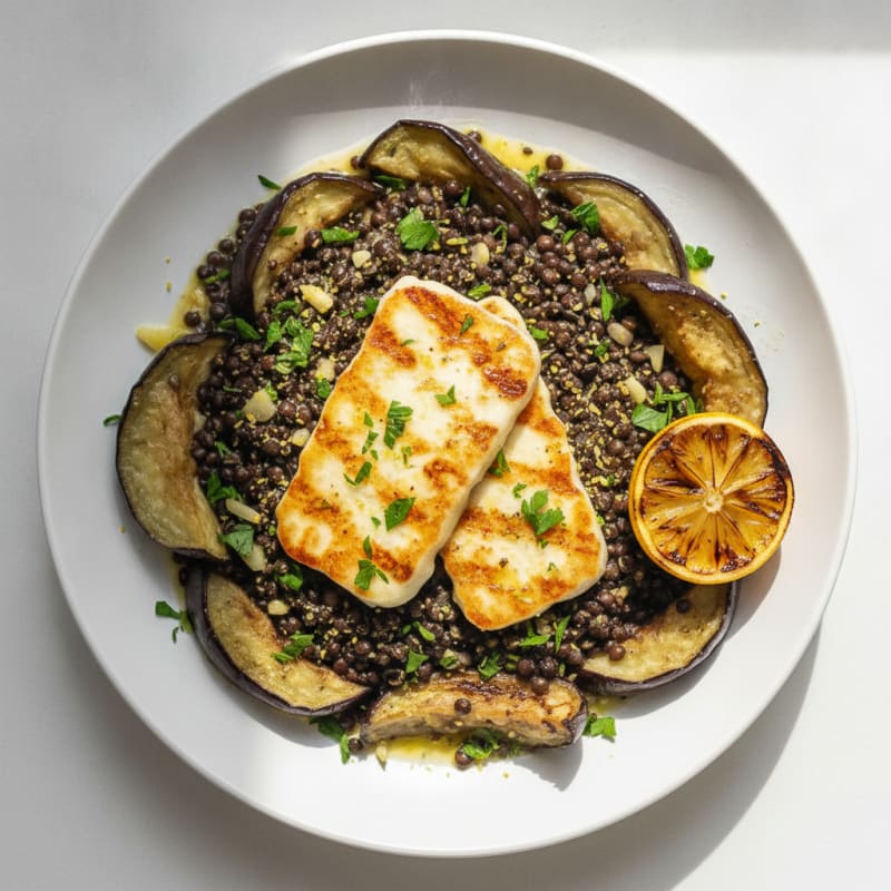 Grilled Halloumi with Roasted Eggplant and Herb-Lemon Lentils