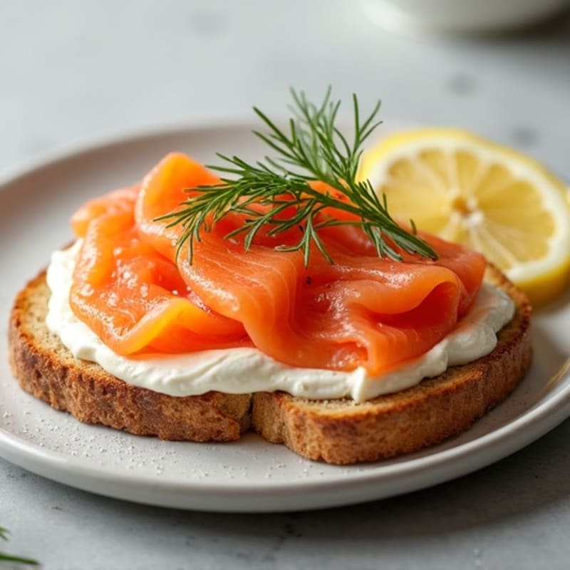Smoked Salmon with Creamy Whipped Cream Cheese and Fresh Dill on Crispy Whole Grain Toast