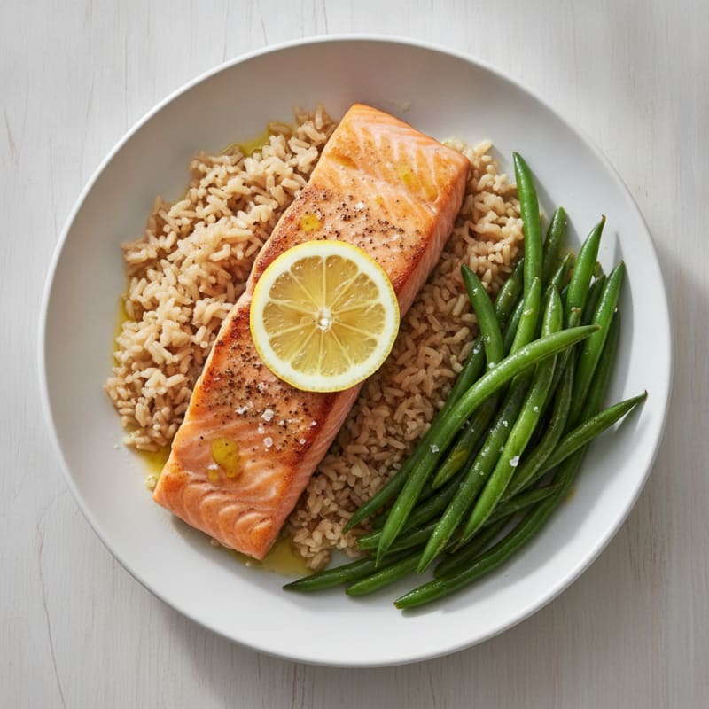 Seared Salmon with Steamed Green Beans and Brown Rice