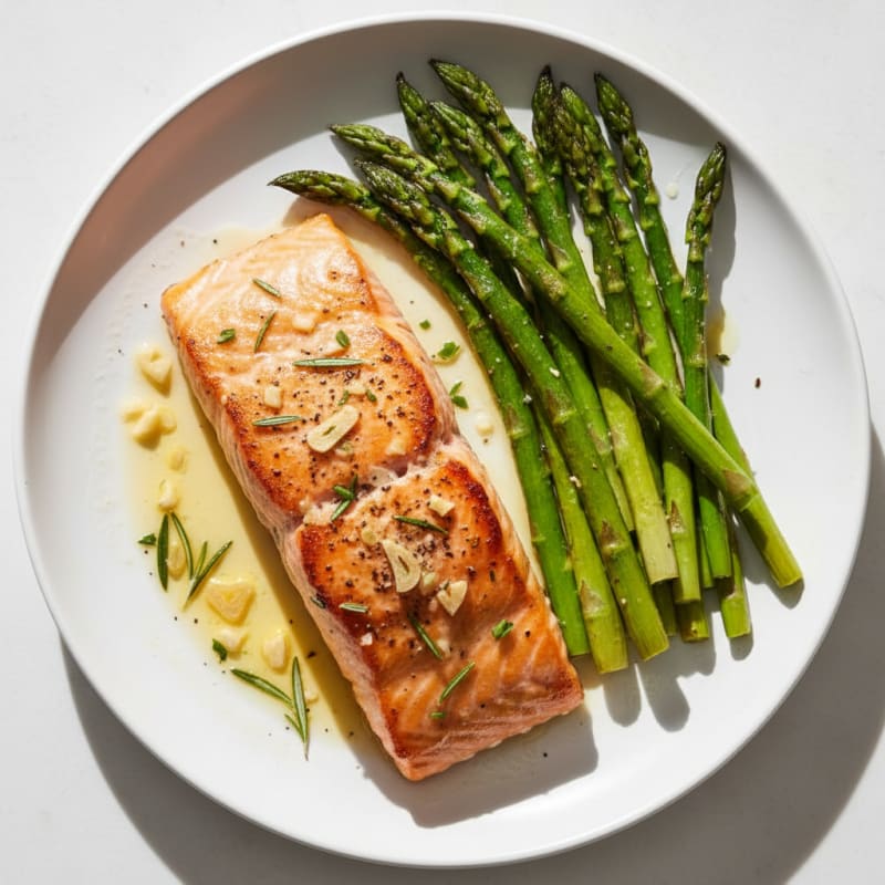 Garlic Rosemary Seared Salmon with Roasted Asparagus
