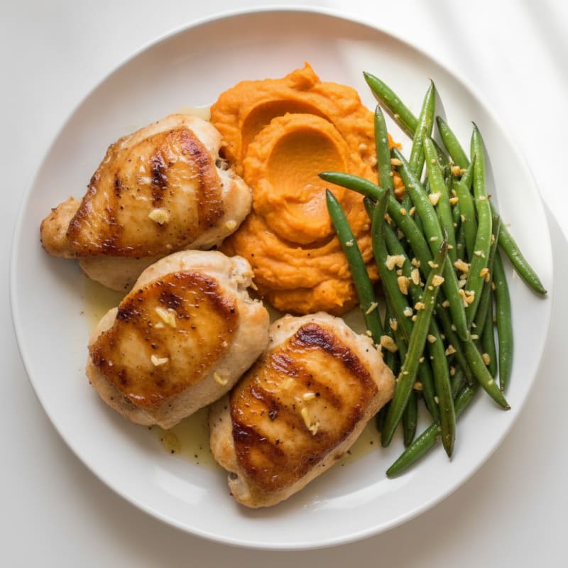 Seared Chicken Thighs with Garlic Green Beans and Sweet Potato Mash