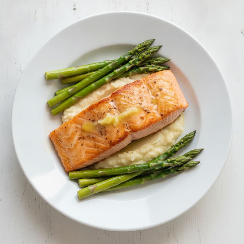 Seared Salmon Fillet with Steamed Asparagus and Cauliflower Mash