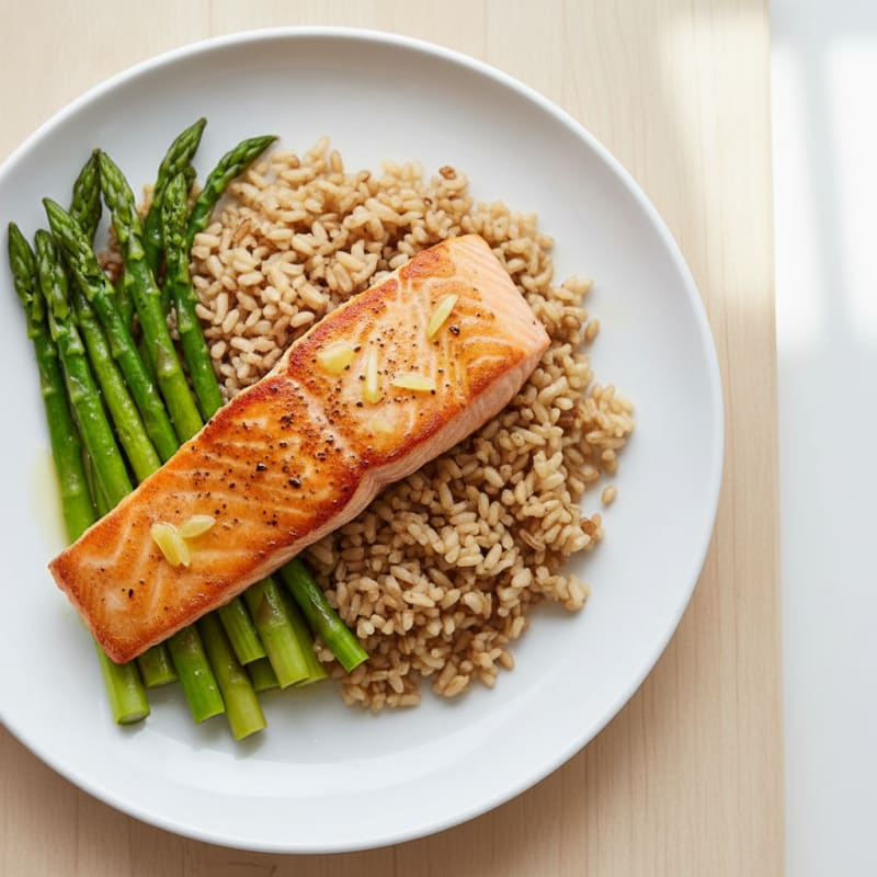 Seared Salmon Fillet with Steamed Asparagus and Brown Rice