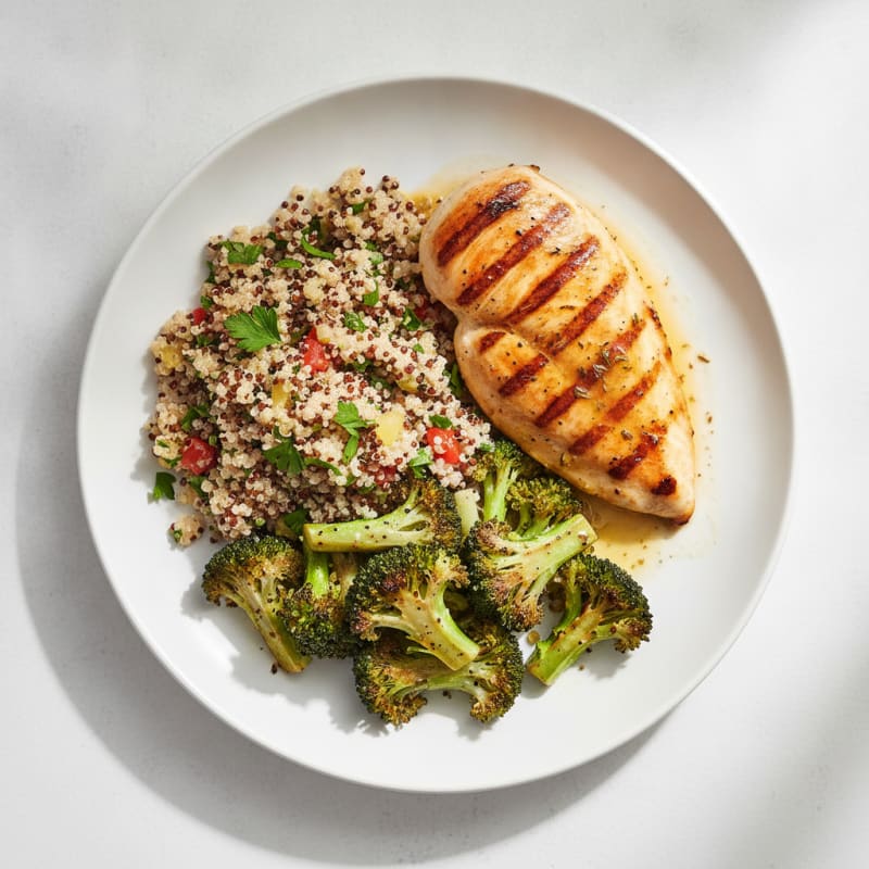 Grilled Chicken Breast with Quinoa Salad and Roasted Broccoli