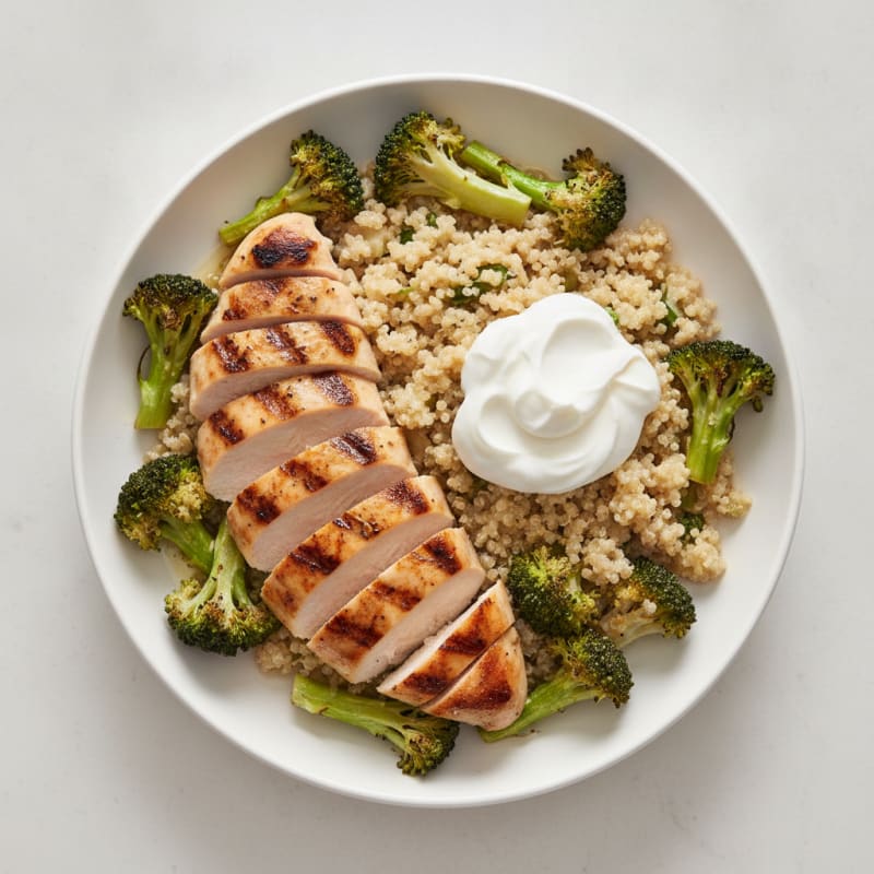 Grilled Chicken Breast with Creamy Quinoa and Roasted Broccoli