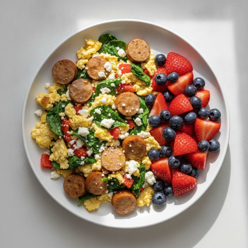 Egg White and Spinach Scramble with Turkey Sausage and Fresh Berries
