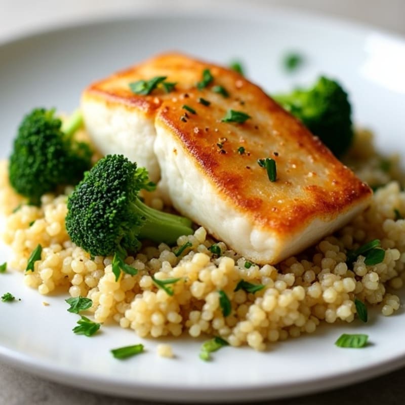 Seared Cod Fillet with Steamed Broccoli and Quinoa