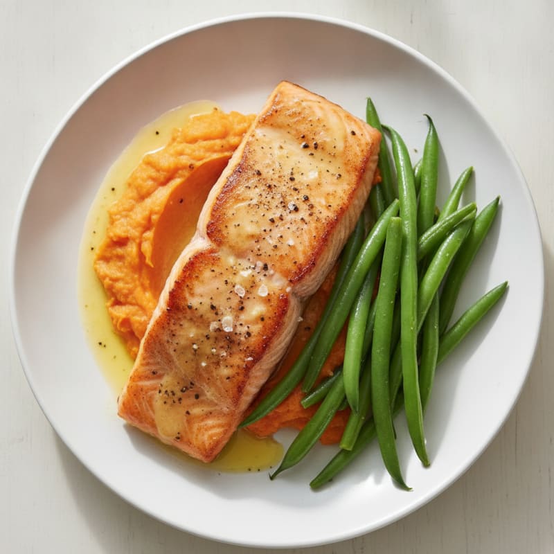 Seared Salmon Fillet with Steamed Green Beans and Sweet Potato Mash