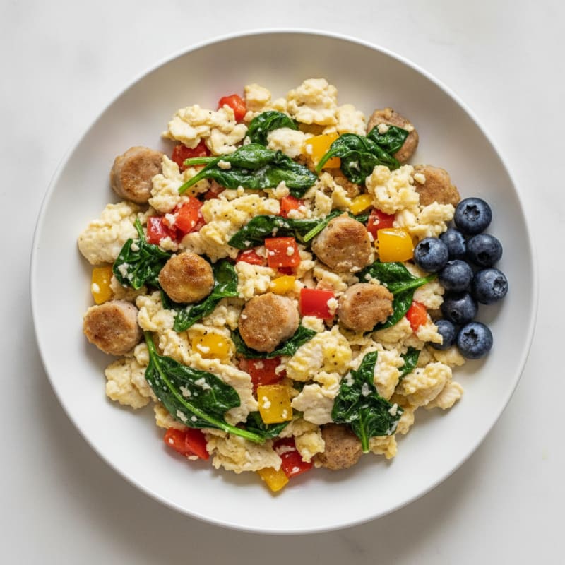 Egg White and Turkey Sausage Scramble with Spinach and Bell Peppers