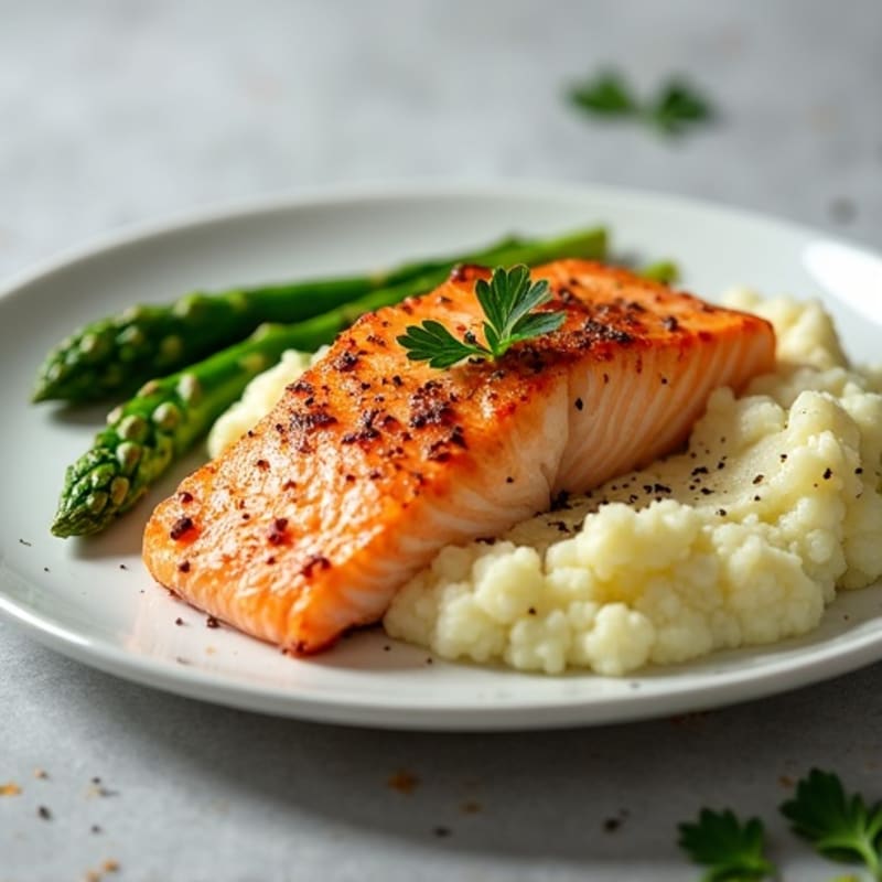 Seared Salmon with Asparagus and Garlic Mashed Cauliflower