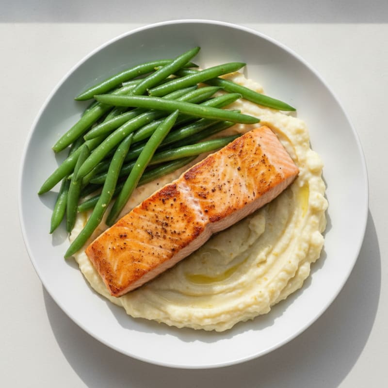 Seared Salmon with Steamed Green Beans and Cauliflower Mash