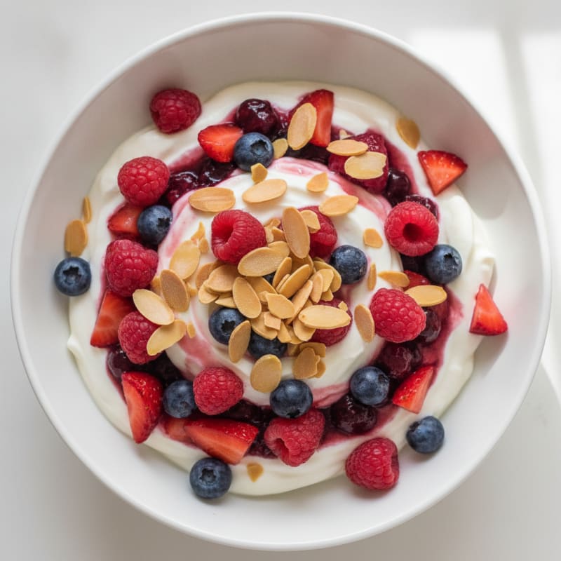 Greek Yogurt Protein Parfait with Mixed Berries and Almonds
