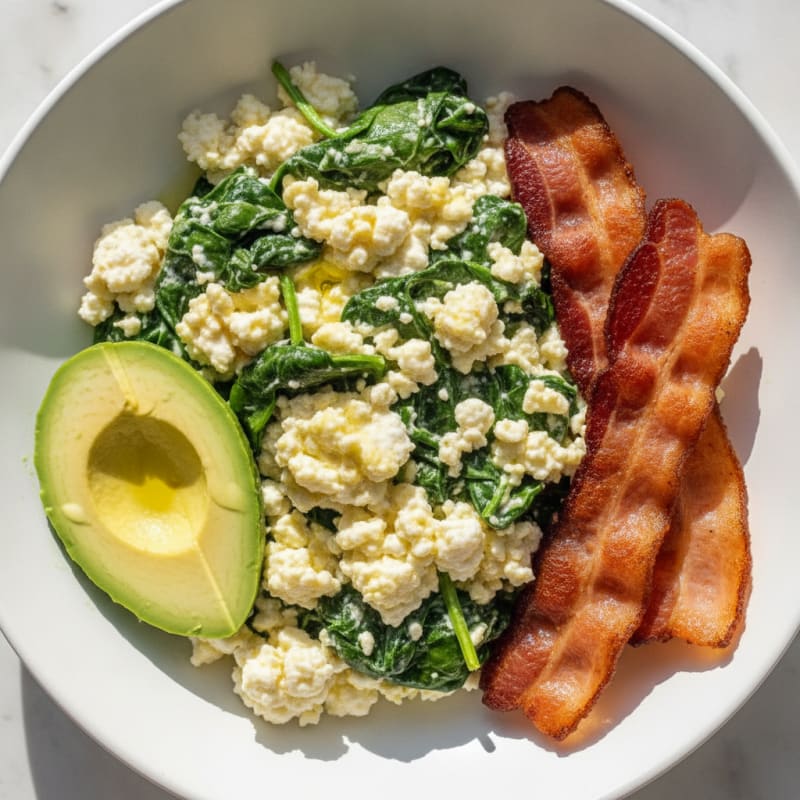 Cottage Cheese Scramble with Spinach and Turkey Bacon