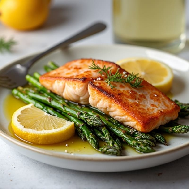 Crispy Pan-Seared Salmon with Roasted Asparagus and Lemon