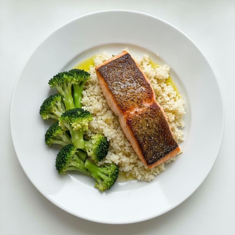 Seared Salmon with Steamed Broccoli and Cauliflower Rice