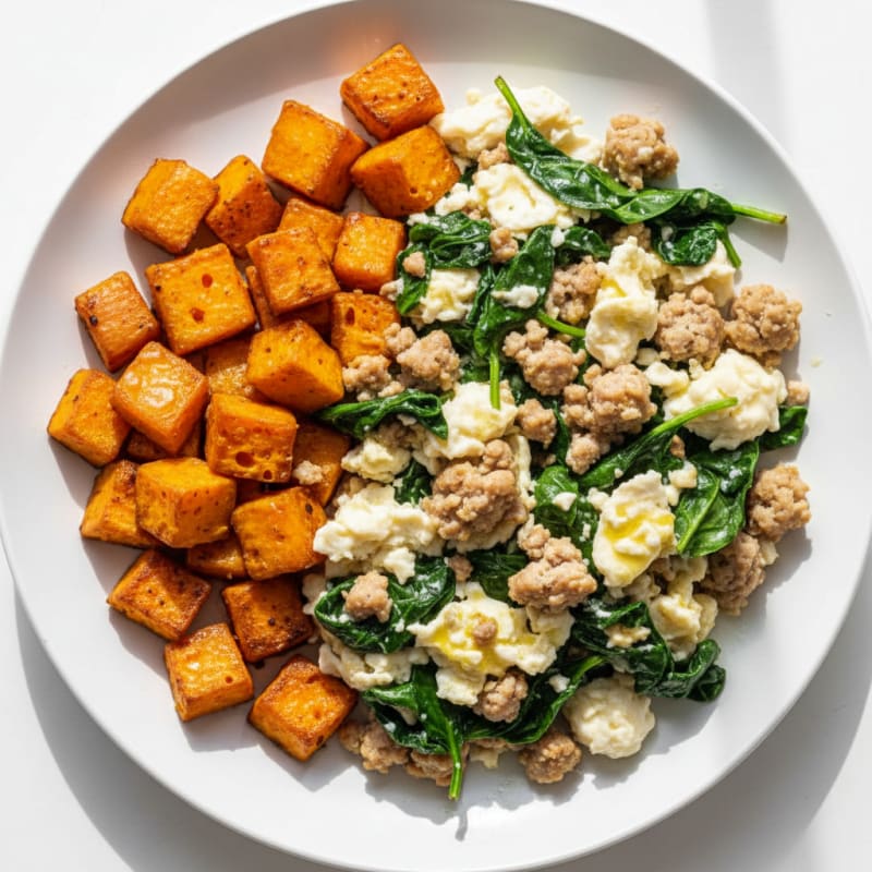 Egg White and Turkey Sausage Scramble with Spinach and Roasted Sweet Potato