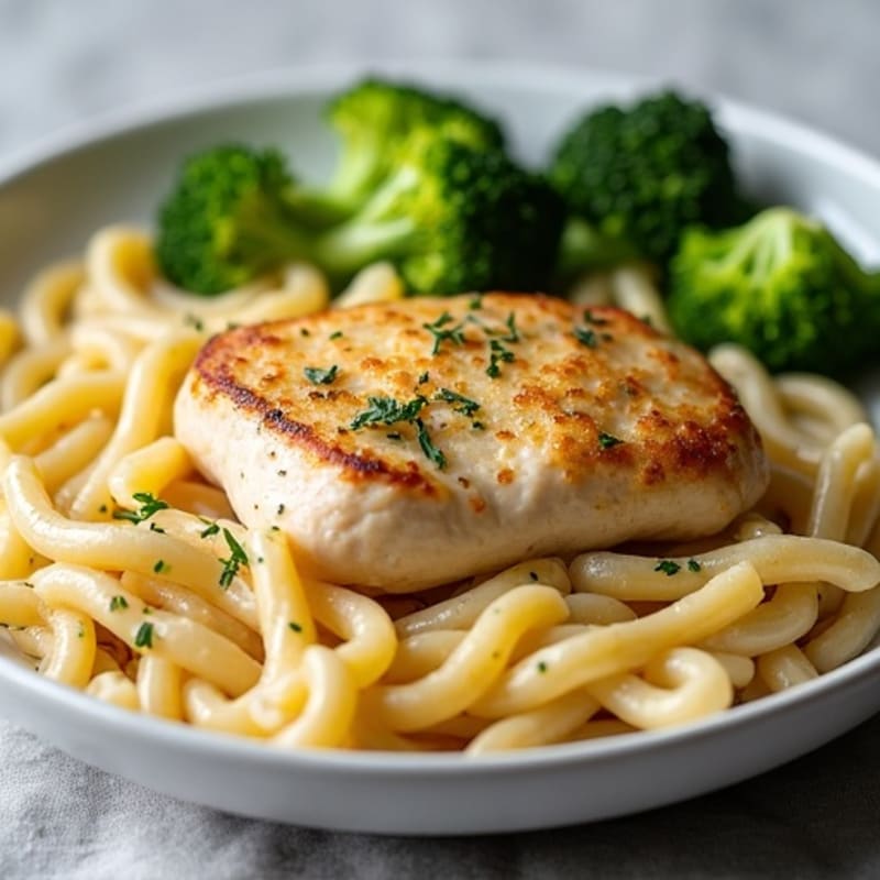 Creamy Garlic Chicken Pasta with Roasted Broccoli